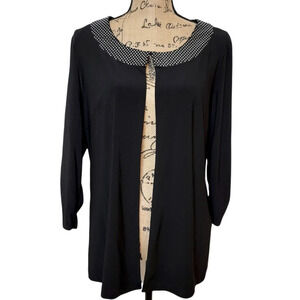 PERCEPTIONS PETITE Women's Embellished Collared Knit Cardigan Black Size 16P